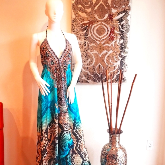 *LAST ONE***MANISH VAID Jquad-Turqouise Python Cry.Emb. Hi-Lo Dress NWT OS - Picture 10 of 12